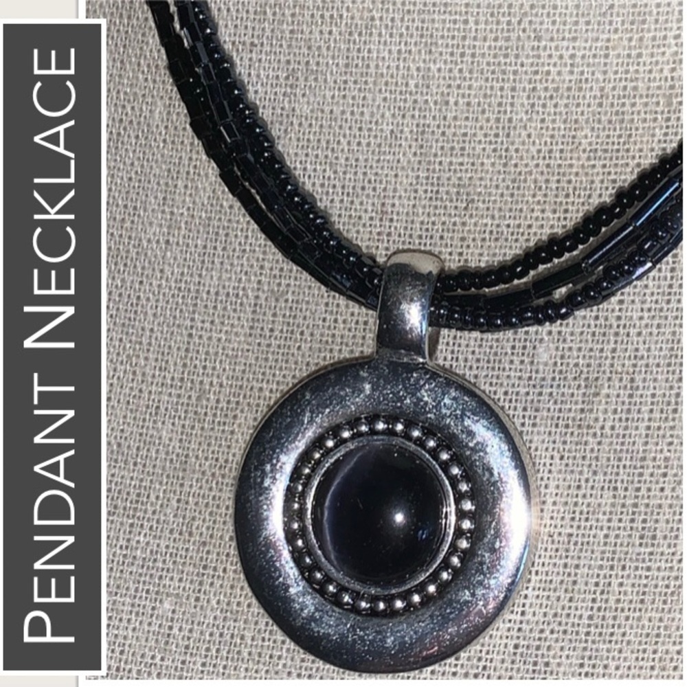 5-Strand Pendant Necklace,‎ Silver-tone Pendant Inlaid Black Stone & Bead Detail